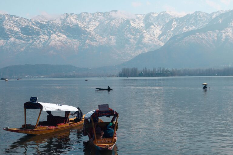Tranquil boats on Dal Lake with the snowcapped Himalayas in the background in Srinagar.